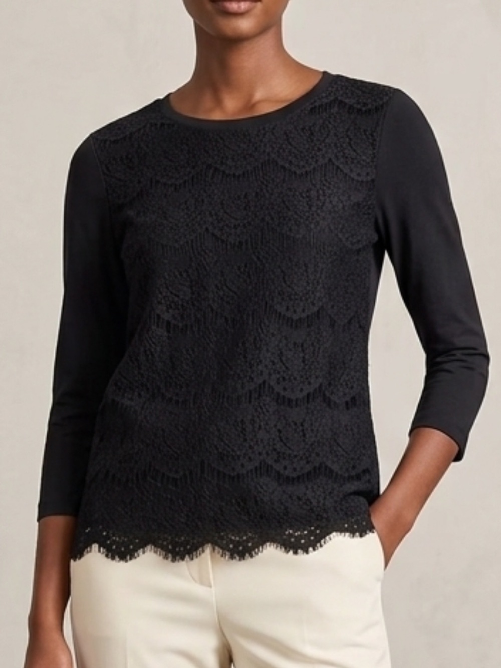 J. Crew Black Lace Front 3/4-Sleeve Women's Top Sz S